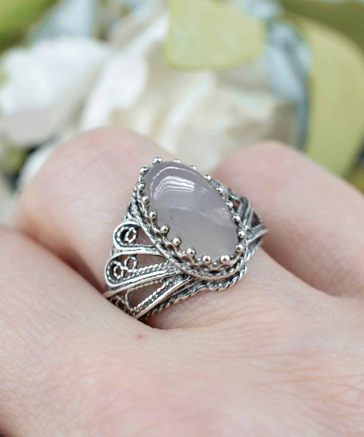 Filigree Art Gray Moonstone Angel Wings Design Women Silver Cocktail Ring - Drakoi Marketplace