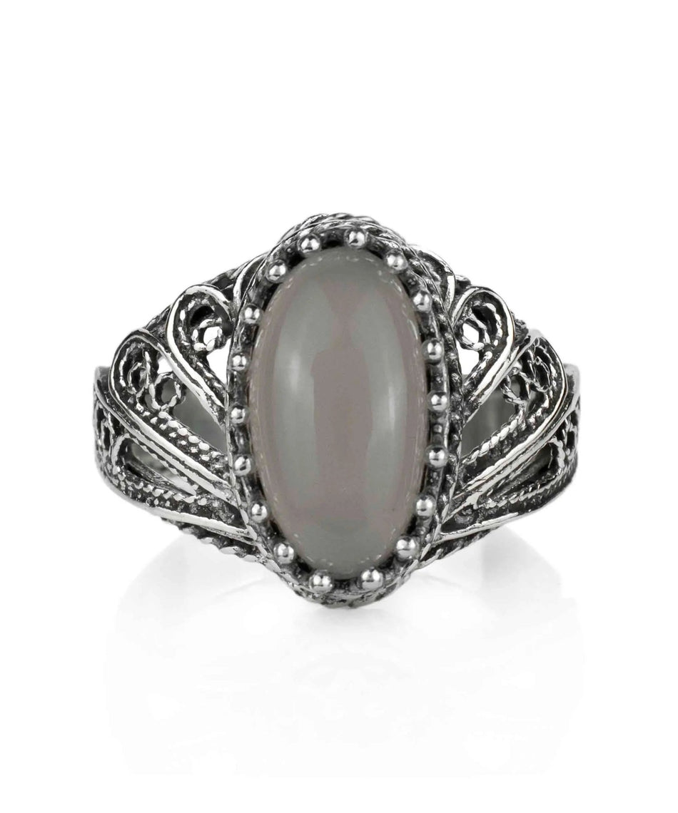 Filigree Art Gray Moonstone Angel Wings Design Women Silver Cocktail Ring - Drakoi Marketplace