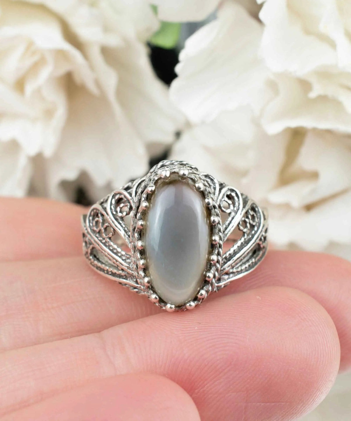 Filigree Art Gray Moonstone Angel Wings Design Women Silver Cocktail Ring - Drakoi Marketplace