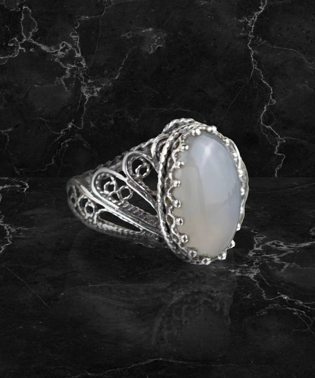 Filigree Art Gray Moonstone Angel Wings Design Women Silver Cocktail Ring - Drakoi Marketplace