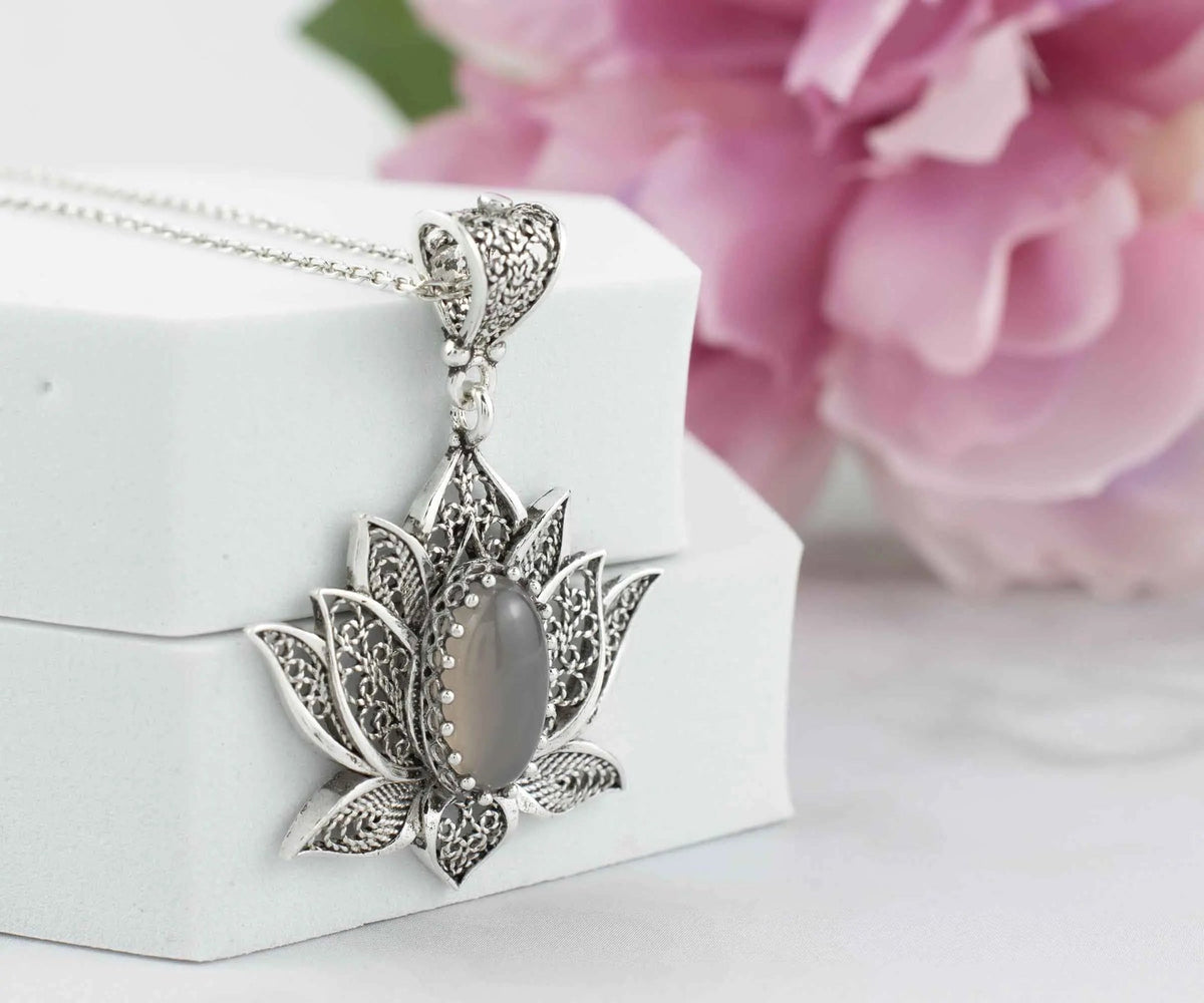 Filigree Art Gray Moonstone Gemstone Blossoming Lotus Flower Women Silver Pendant Necklace - Drakoi Marketplace