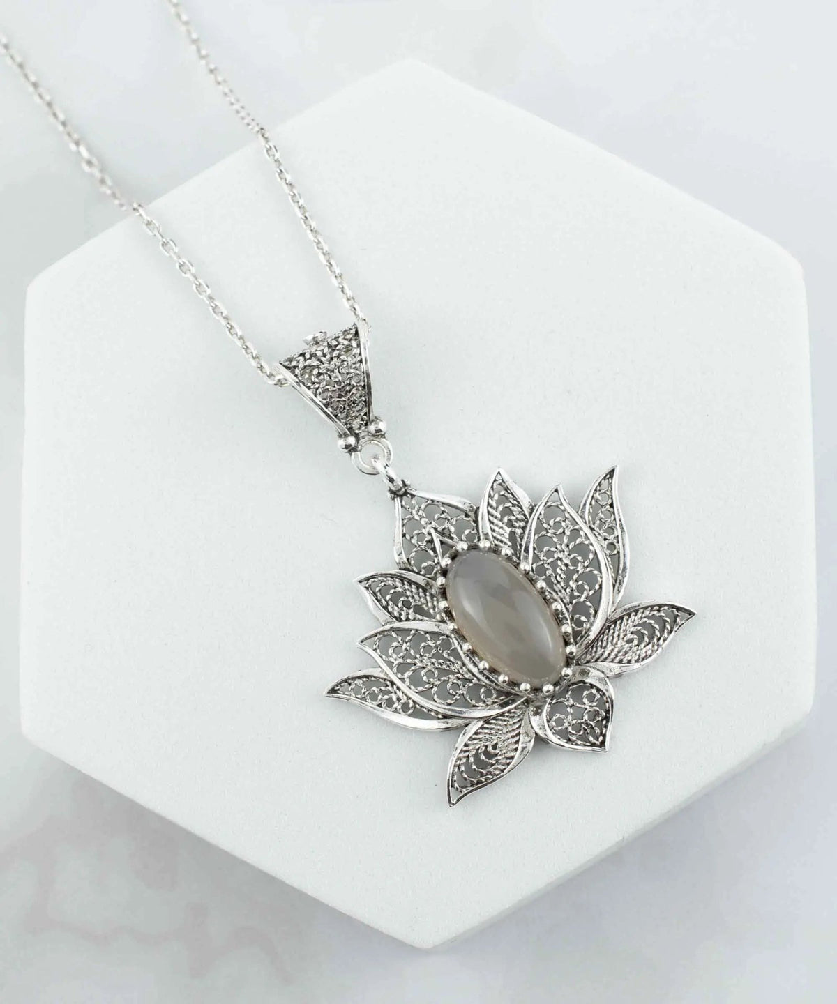 Filigree Art Gray Moonstone Gemstone Blossoming Lotus Flower Women Silver Pendant Necklace - Drakoi Marketplace