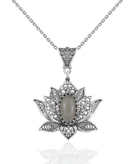 Filigree Art Gray Moonstone Gemstone Blossoming Lotus Flower Women Silver Pendant Necklace - Drakoi Marketplace