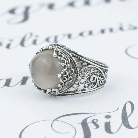 Filigree Art Gray Moonstone Gemstone Crown Design Women Silver Statement Ring - Drakoi Marketplace