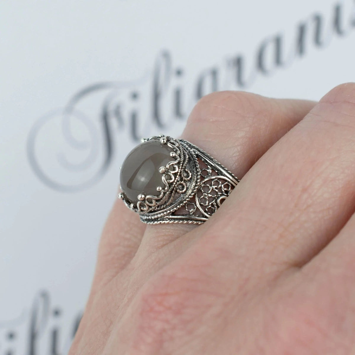 Filigree Art Gray Moonstone Gemstone Crown Design Women Silver Statement Ring - Drakoi Marketplace