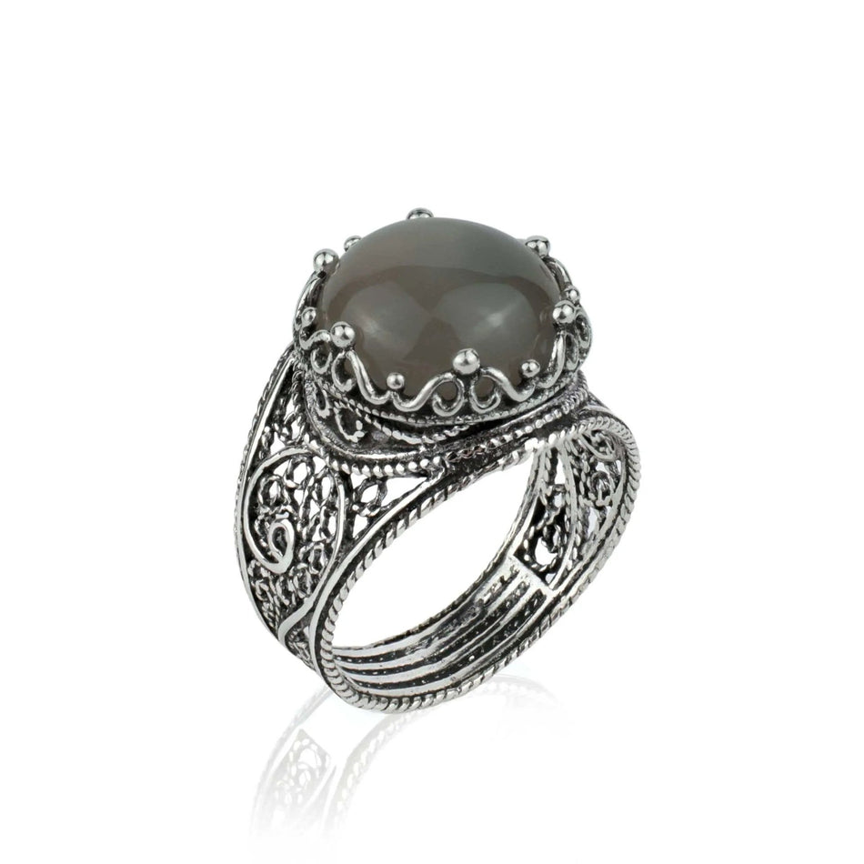 Filigree Art Gray Moonstone Gemstone Crown Design Women Silver Statement Ring - Drakoi Marketplace