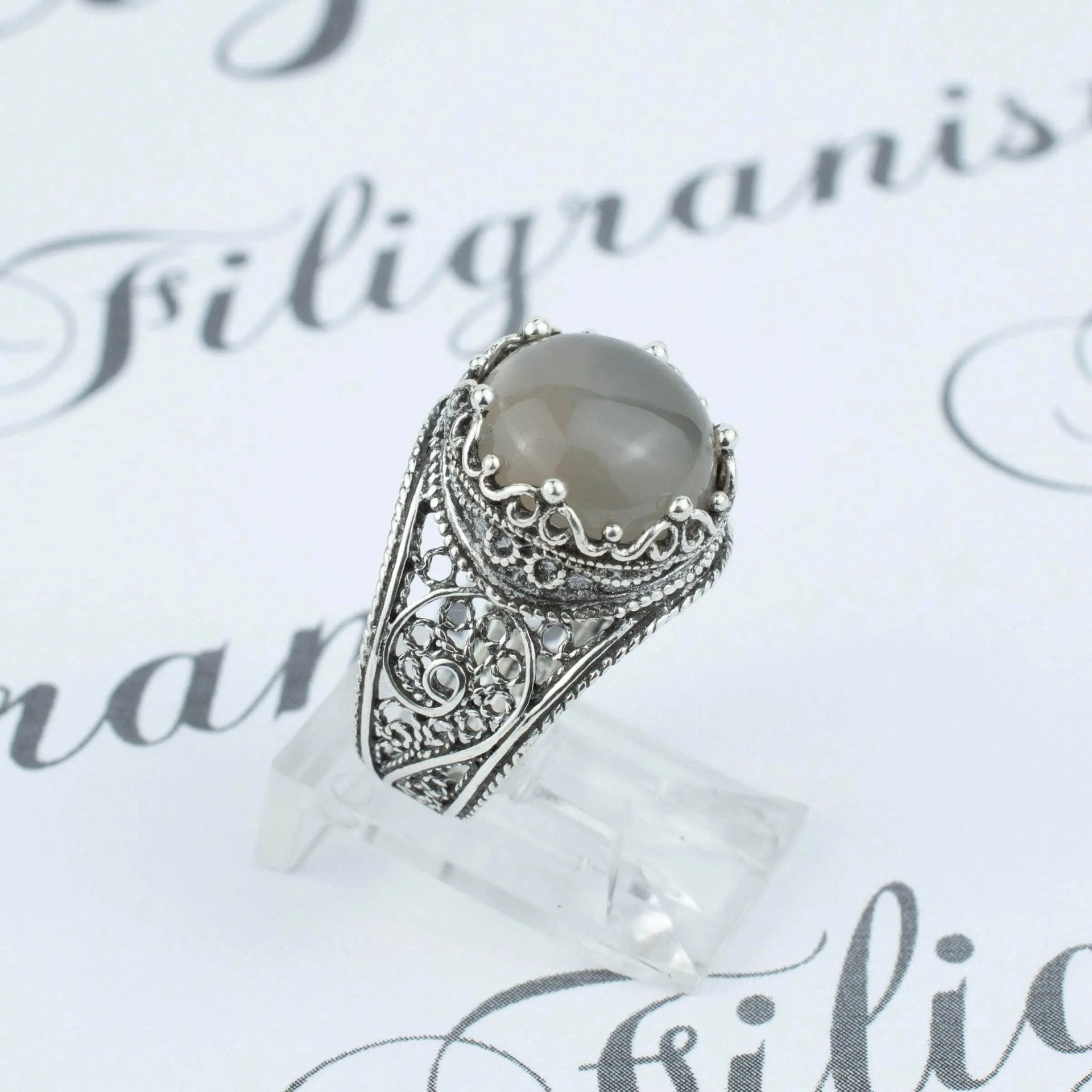 Filigree Art Gray Moonstone Gemstone Crown Design Women Silver Statement Ring - Drakoi Marketplace