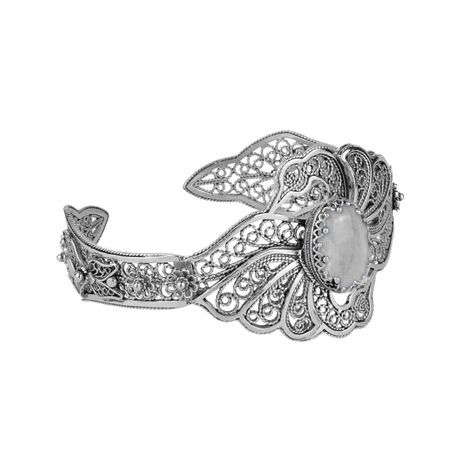 Filigree Art Gray Moonstone Gemstone Double Swan Figured Women Silver Cuff Bracelet - Drakoi Marketplace