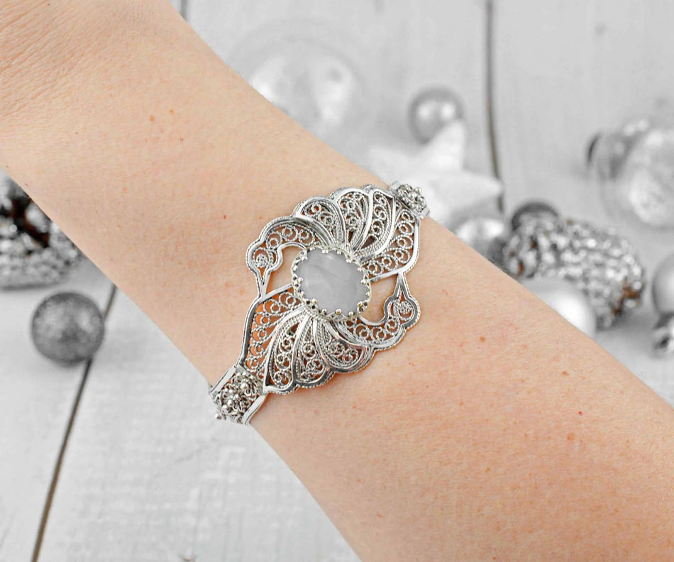 Filigree Art Gray Moonstone Gemstone Double Swan Figured Women Silver Cuff Bracelet - Drakoi Marketplace