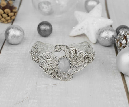 Filigree Art Gray Moonstone Gemstone Double Swan Figured Women Silver Cuff Bracelet - Drakoi Marketplace