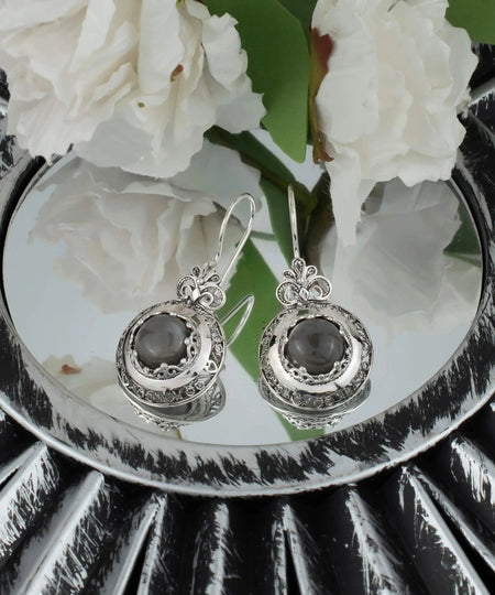 Filigree Art Gray Moonstone Gemstone Floral Design Women Silver Drop Earrings - Drakoi Marketplace