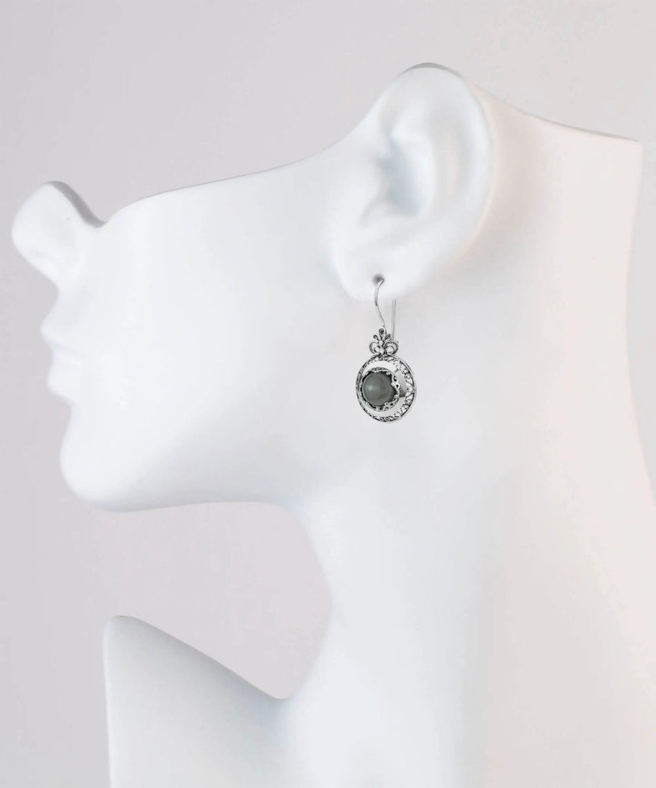 Filigree Art Gray Moonstone Gemstone Floral Design Women Silver Drop Earrings - Drakoi Marketplace