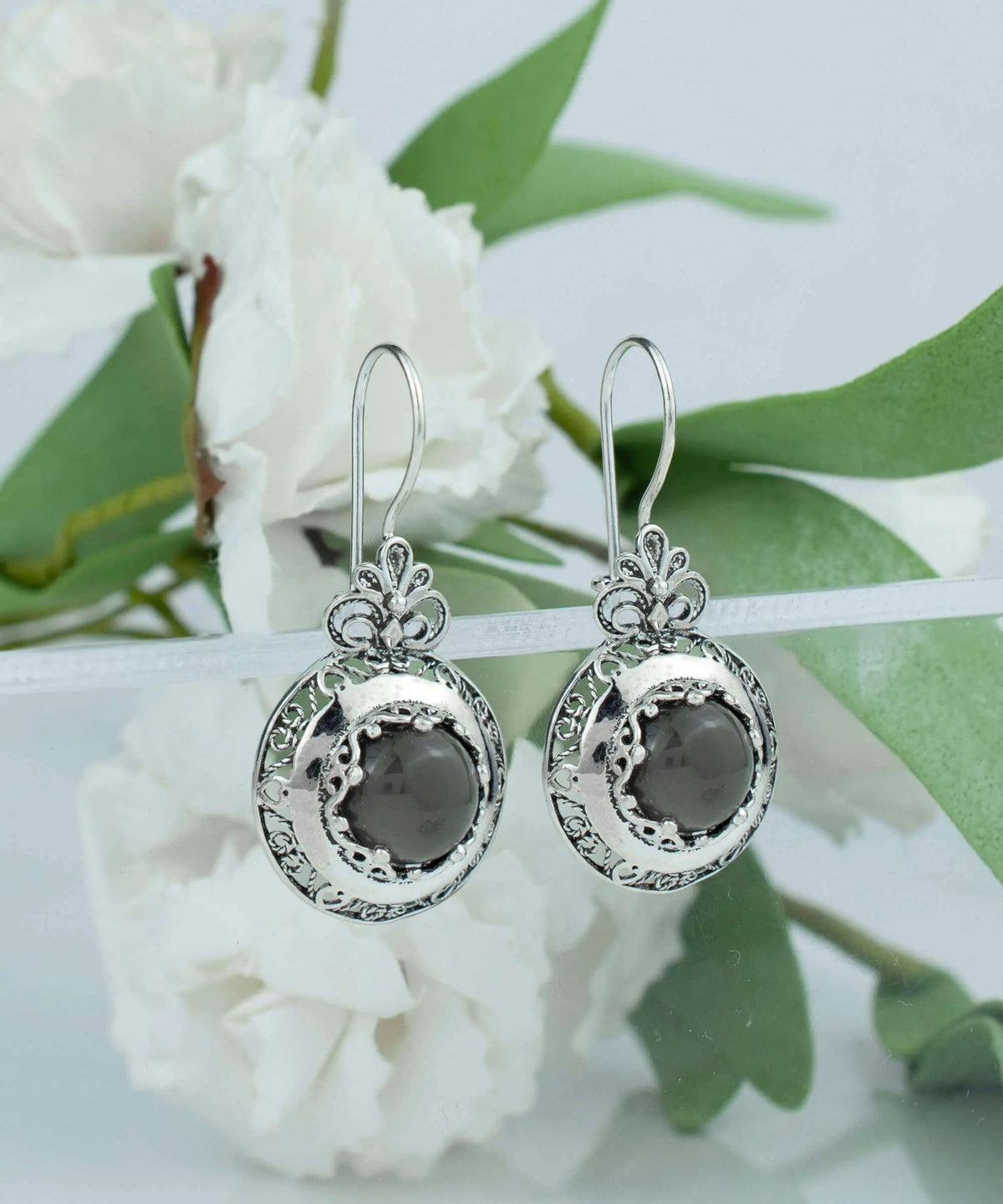 Filigree Art Gray Moonstone Gemstone Floral Design Women Silver Drop Earrings - Drakoi Marketplace