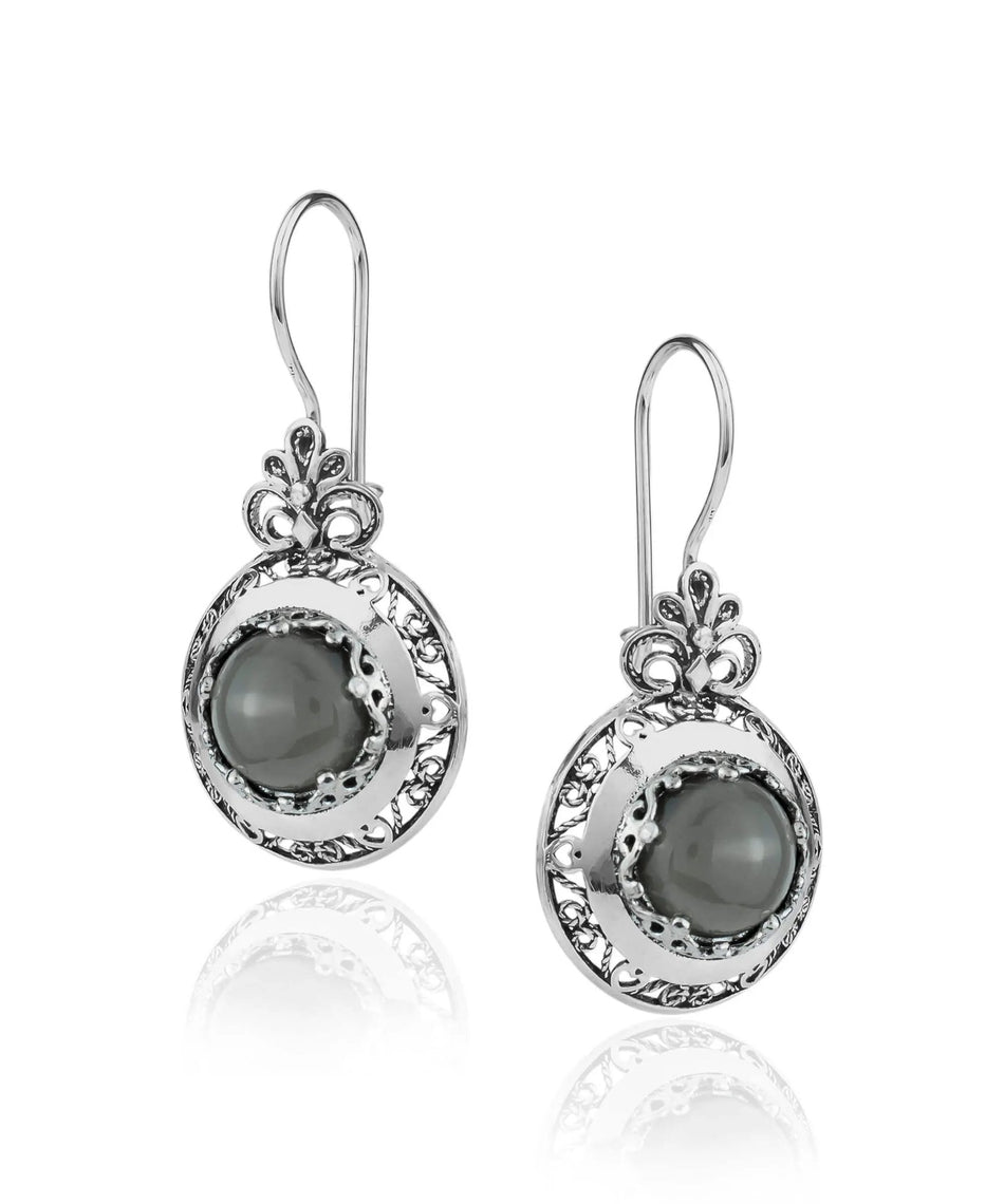 Filigree Art Gray Moonstone Gemstone Floral Design Women Silver Drop Earrings - Drakoi Marketplace