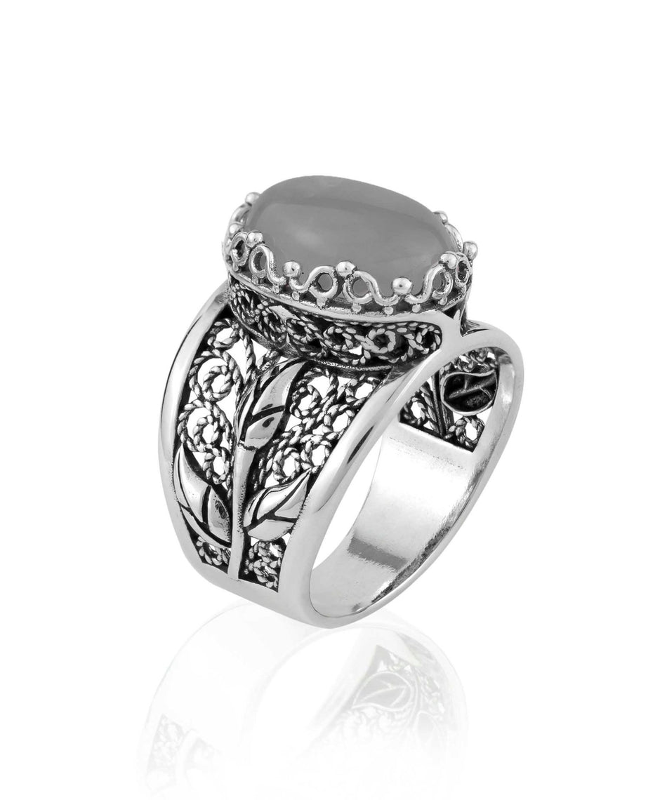 Filigree Art Gray Moonstone Gemstone Tulip Detailed Silver Women Statement Ring - Drakoi Marketplace