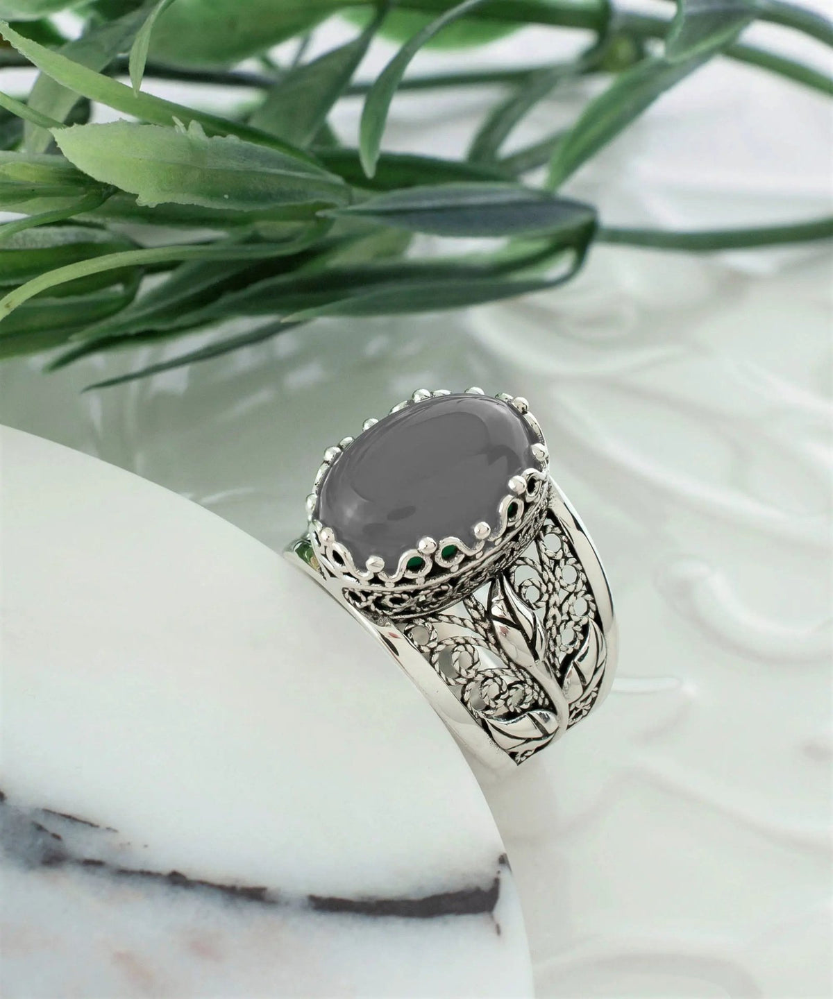 Filigree Art Gray Moonstone Gemstone Tulip Detailed Silver Women Statement Ring - Drakoi Marketplace