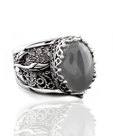 Filigree Art Gray Moonstone Gemstone Tulip Detailed Silver Women Statement Ring - Drakoi Marketplace