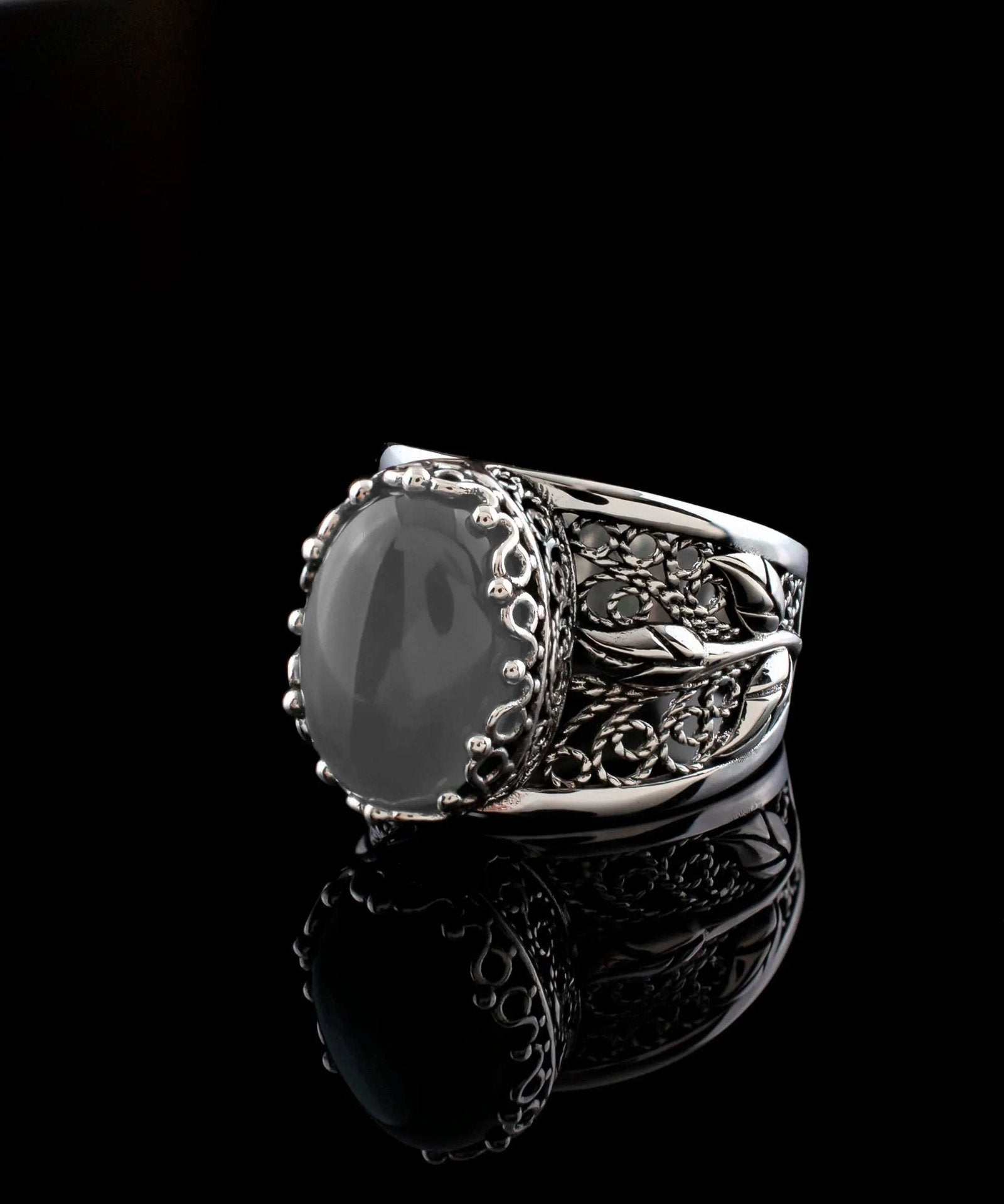 Filigree Art Gray Moonstone Gemstone Tulip Detailed Silver Women Statement Ring - Drakoi Marketplace