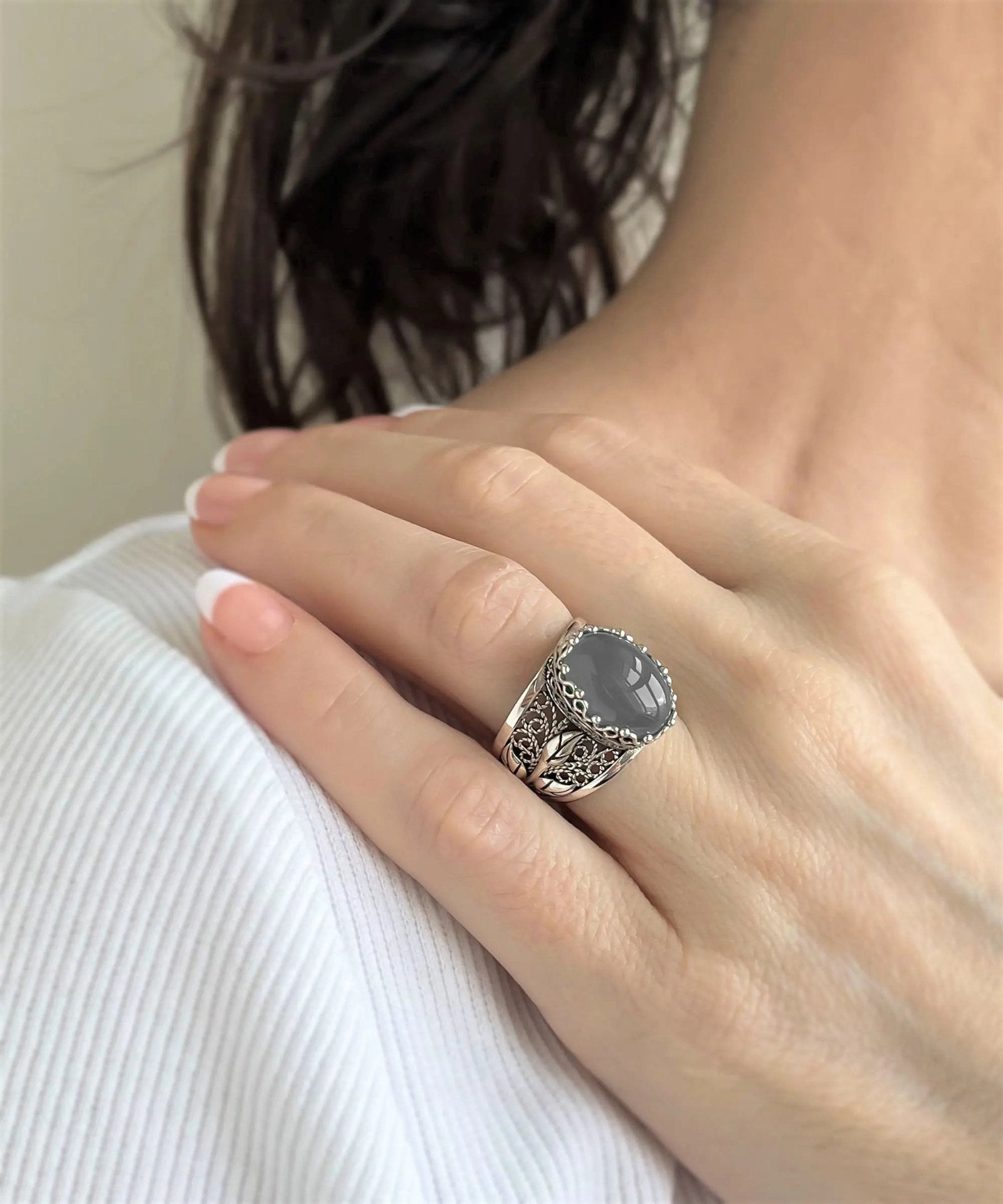 Filigree Art Gray Moonstone Gemstone Tulip Detailed Silver Women Statement Ring - Drakoi Marketplace