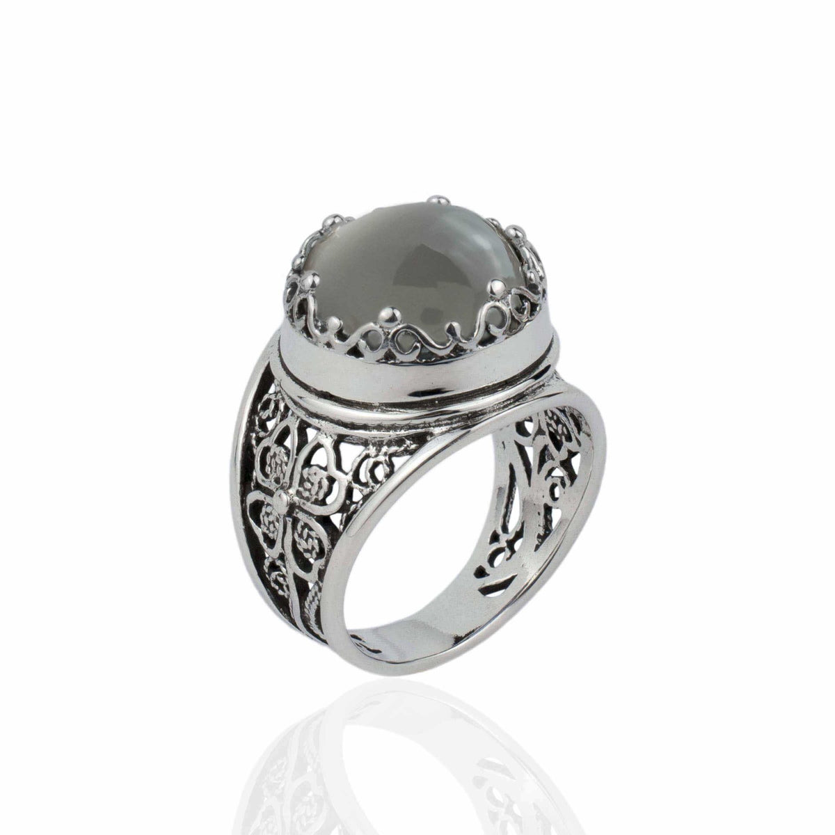 Filigree Art Gray Moonstone Gemstone Women Crown Silver Statement Ring - Drakoi Marketplace