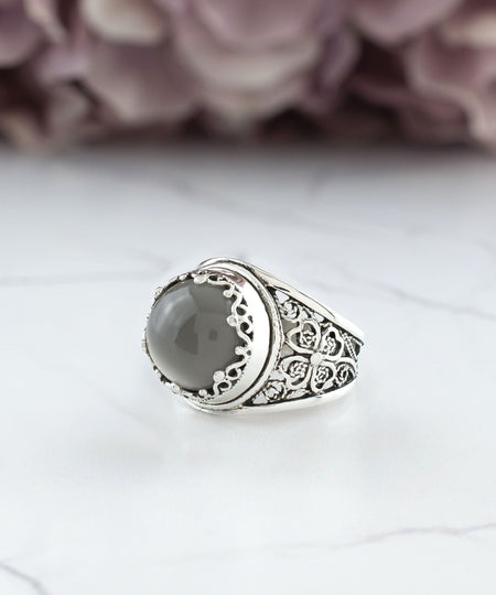 Filigree Art Gray Moonstone Gemstone Women Crown Silver Statement Ring - Drakoi Marketplace