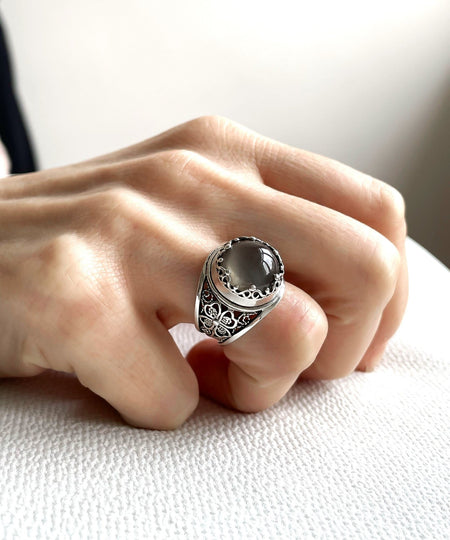 Filigree Art Gray Moonstone Gemstone Women Crown Silver Statement Ring - Drakoi Marketplace