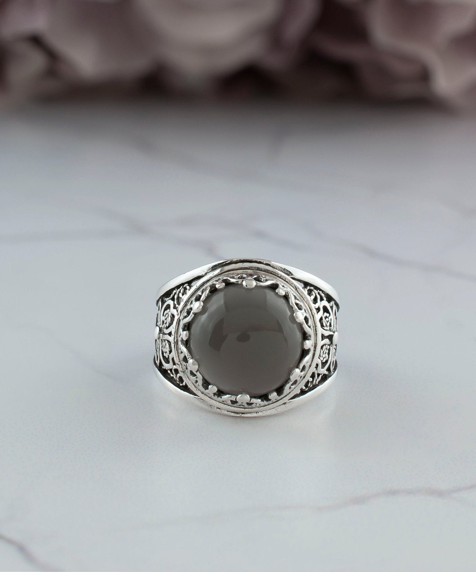 Filigree Art Gray Moonstone Gemstone Women Crown Silver Statement Ring - Drakoi Marketplace