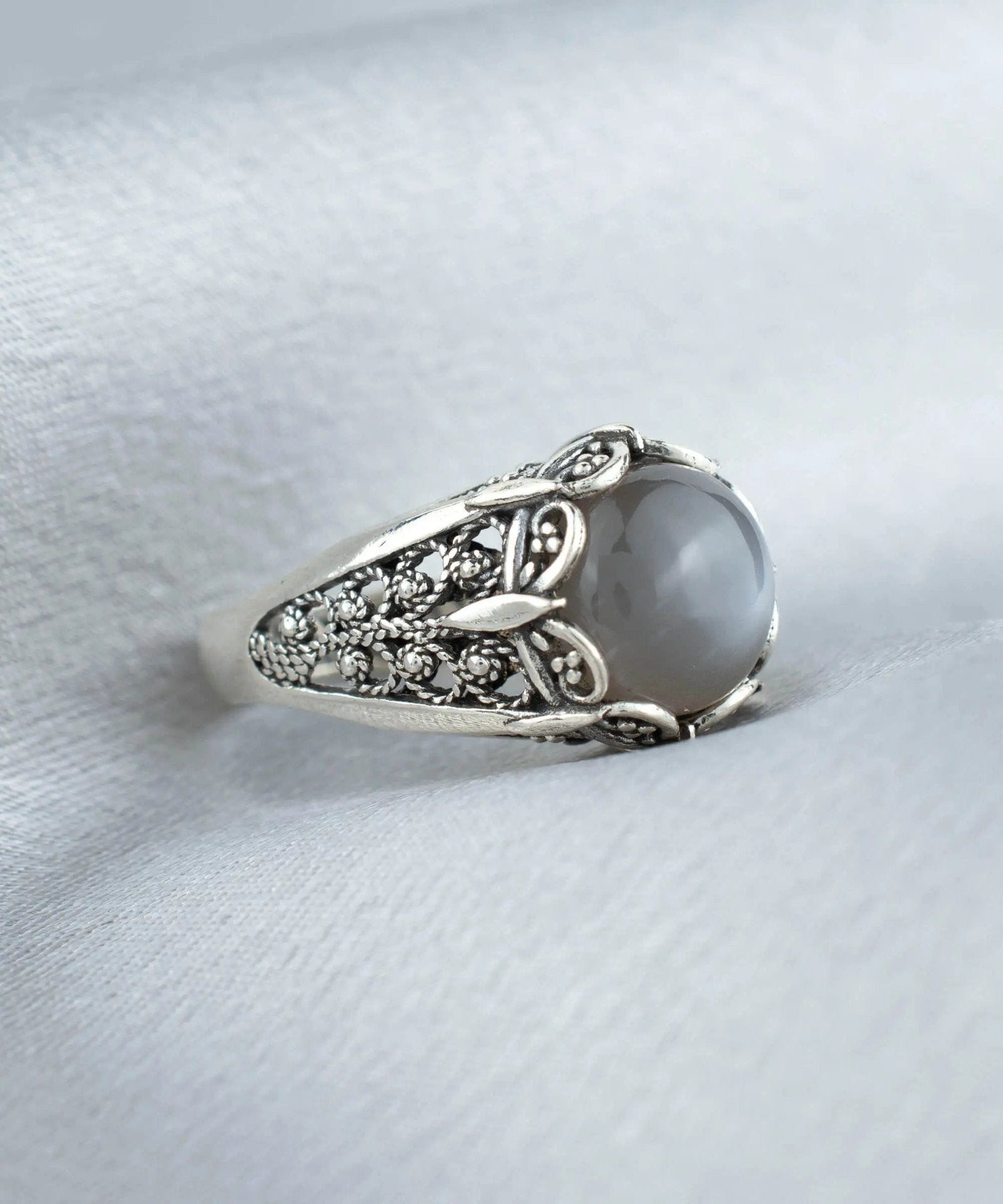 Filigree Art Gray Moonstone Gemstone Women Silver Cocktail Ring - Drakoi Marketplace