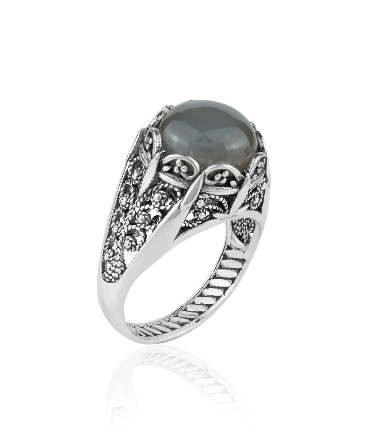 Filigree Art Gray Moonstone Gemstone Women Silver Cocktail Ring - Drakoi Marketplace