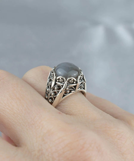 Filigree Art Gray Moonstone Gemstone Women Silver Cocktail Ring - Drakoi Marketplace