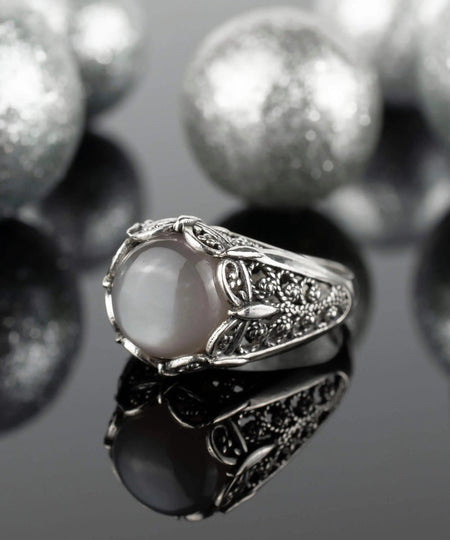 Filigree Art Gray Moonstone Gemstone Women Silver Cocktail Ring - Drakoi Marketplace