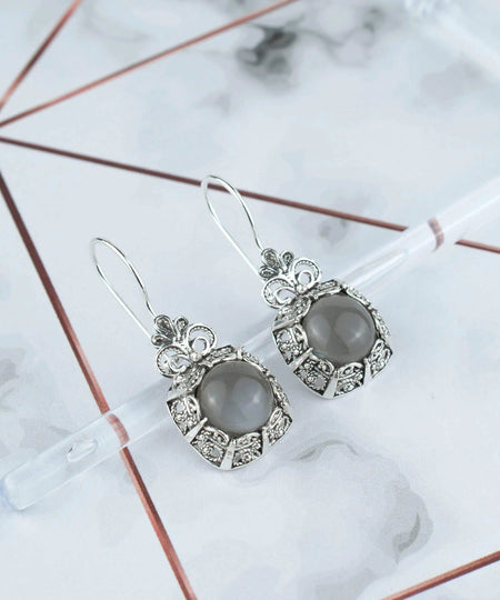 Filigree Art Gray Moonstone Gemstone Women Silver Drop Earrings - Drakoi Marketplace