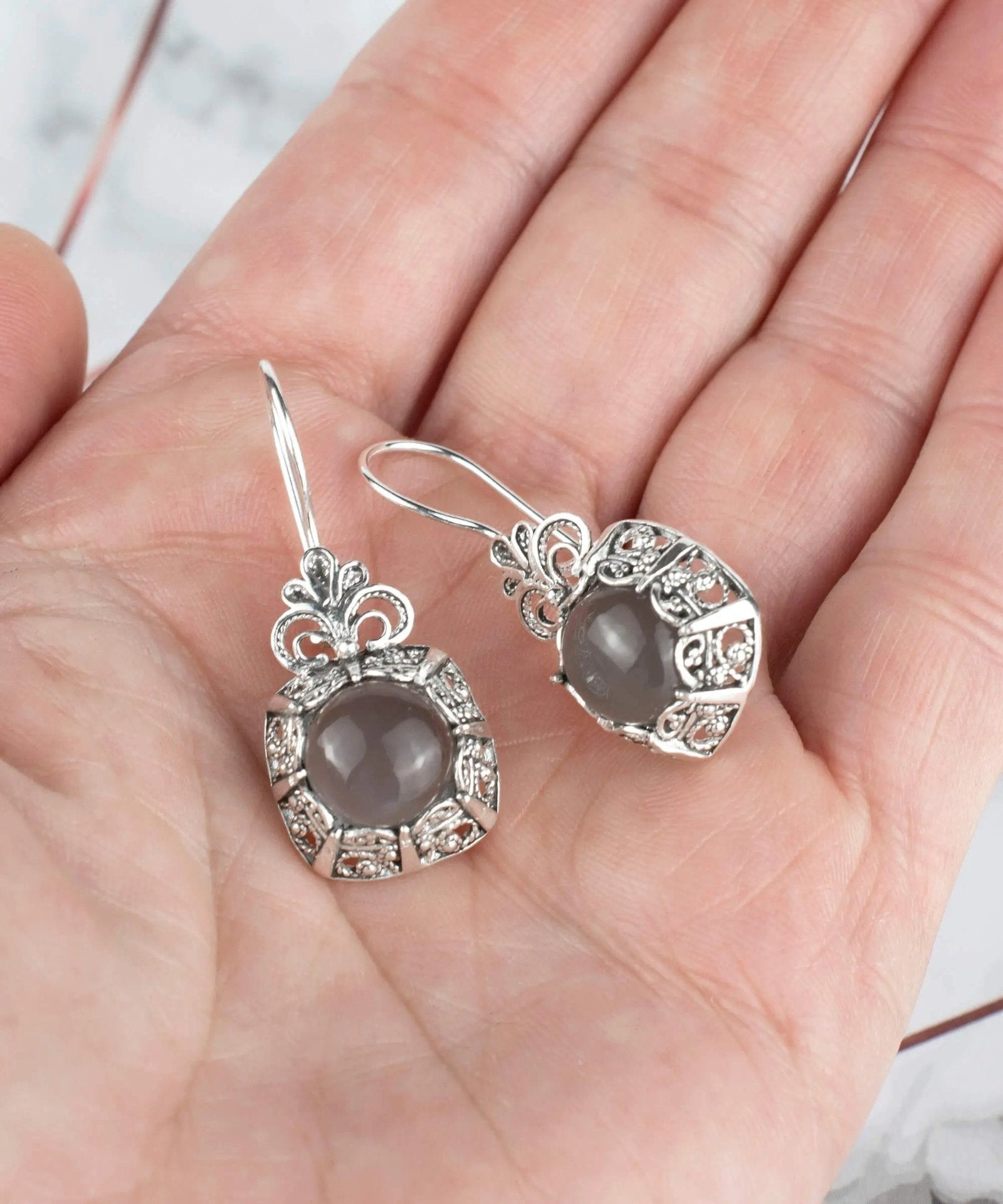 Filigree Art Gray Moonstone Gemstone Women Silver Drop Earrings - Drakoi Marketplace