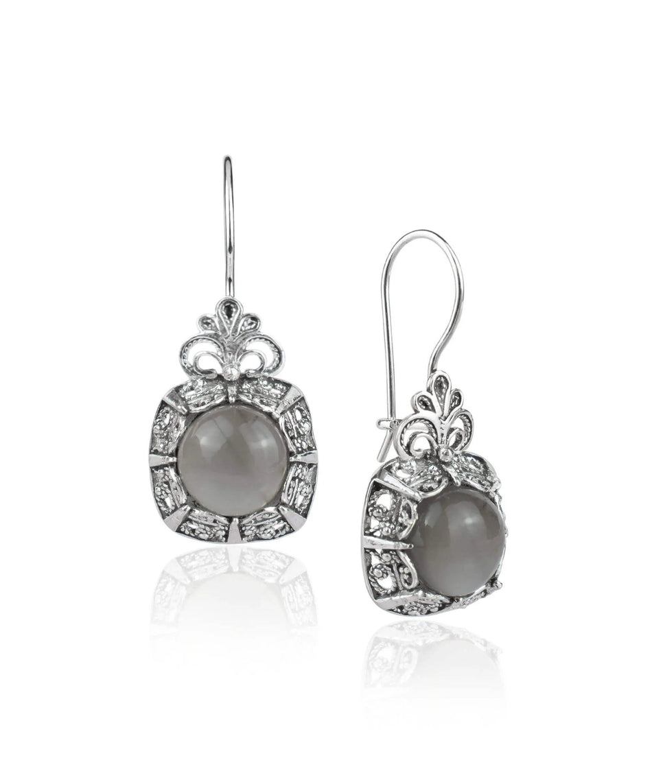 Filigree Art Gray Moonstone Gemstone Women Silver Drop Earrings - Drakoi Marketplace