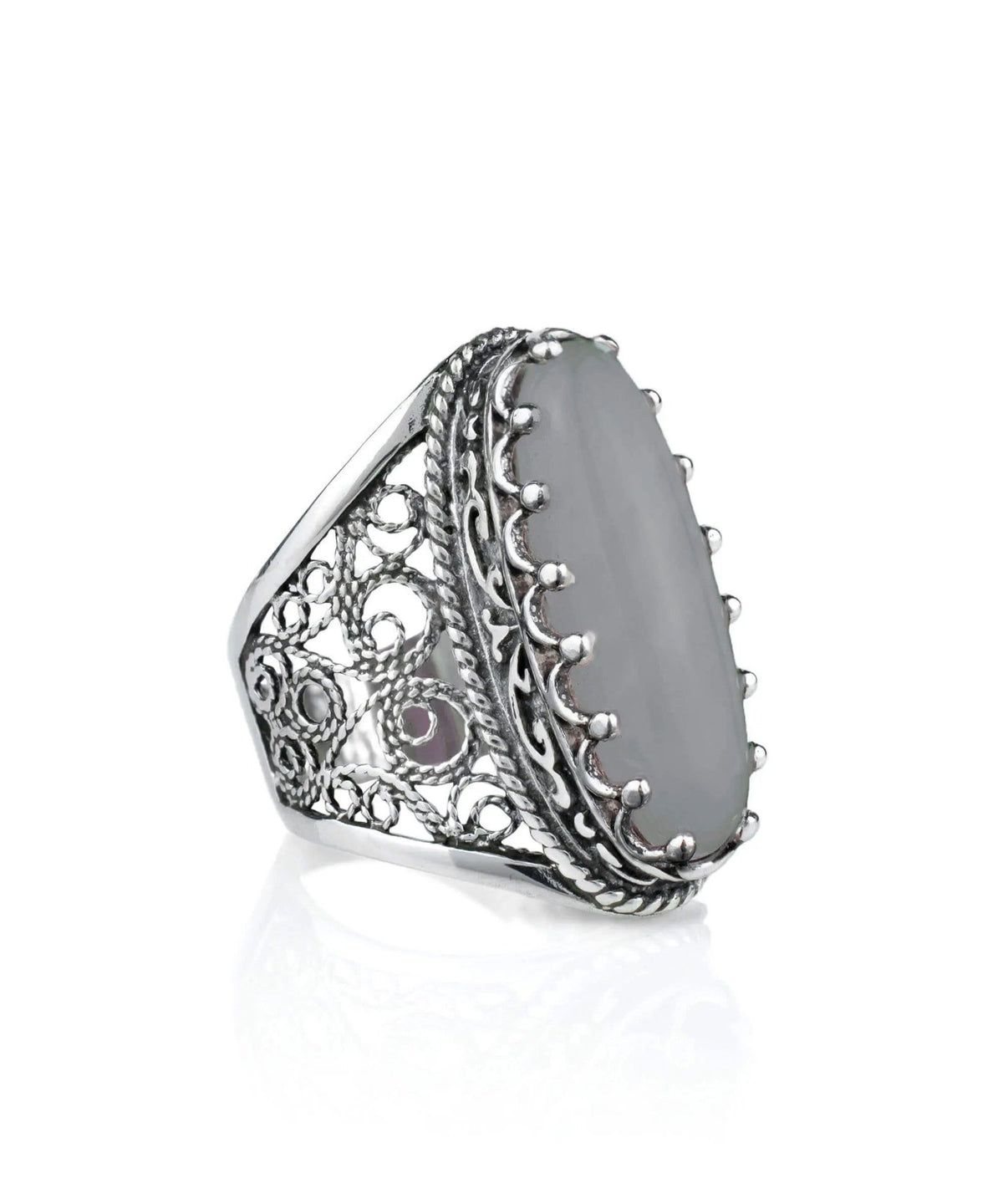 Filigree Art Gray Moonstone Gemstone Women Silver Long Statement Ring - Drakoi Marketplace