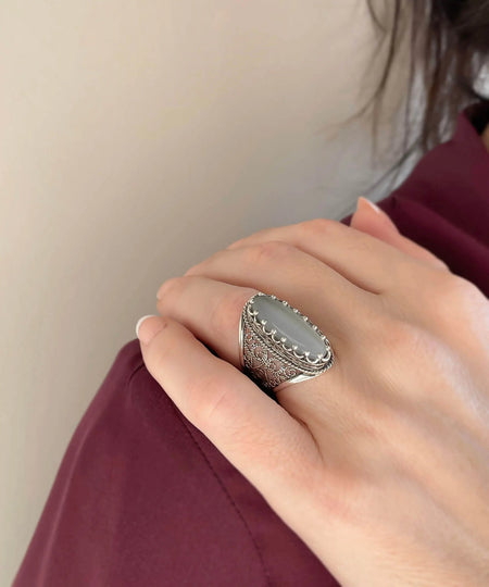 Filigree Art Gray Moonstone Gemstone Women Silver Long Statement Ring - Drakoi Marketplace