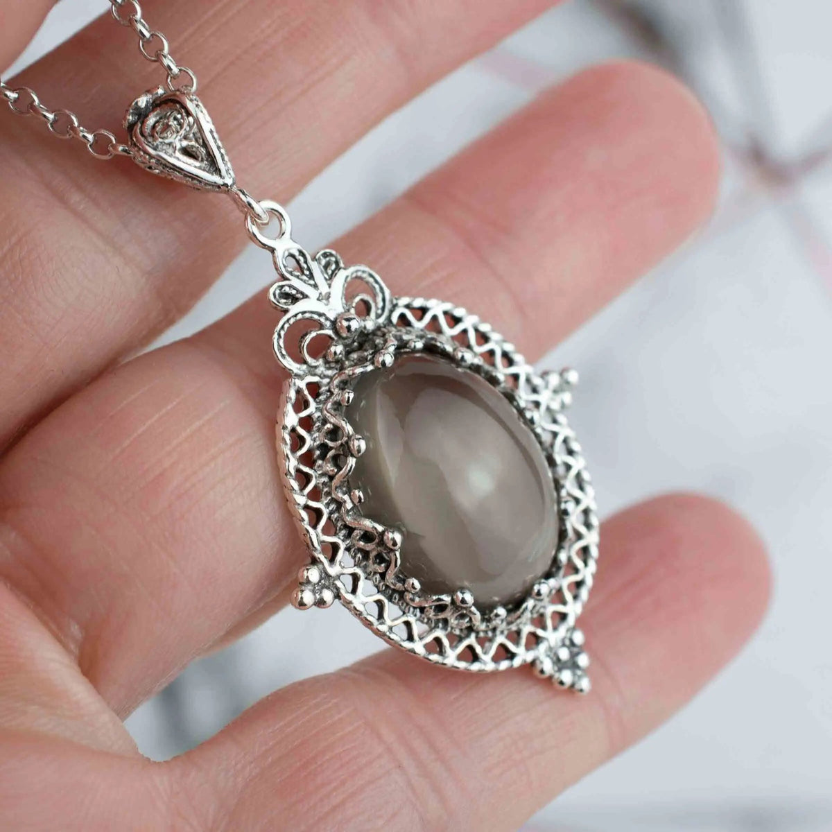 Filigree Art Gray Moonstone Gemstone Women Silver Oval Pendant Necklace - Drakoi Marketplace