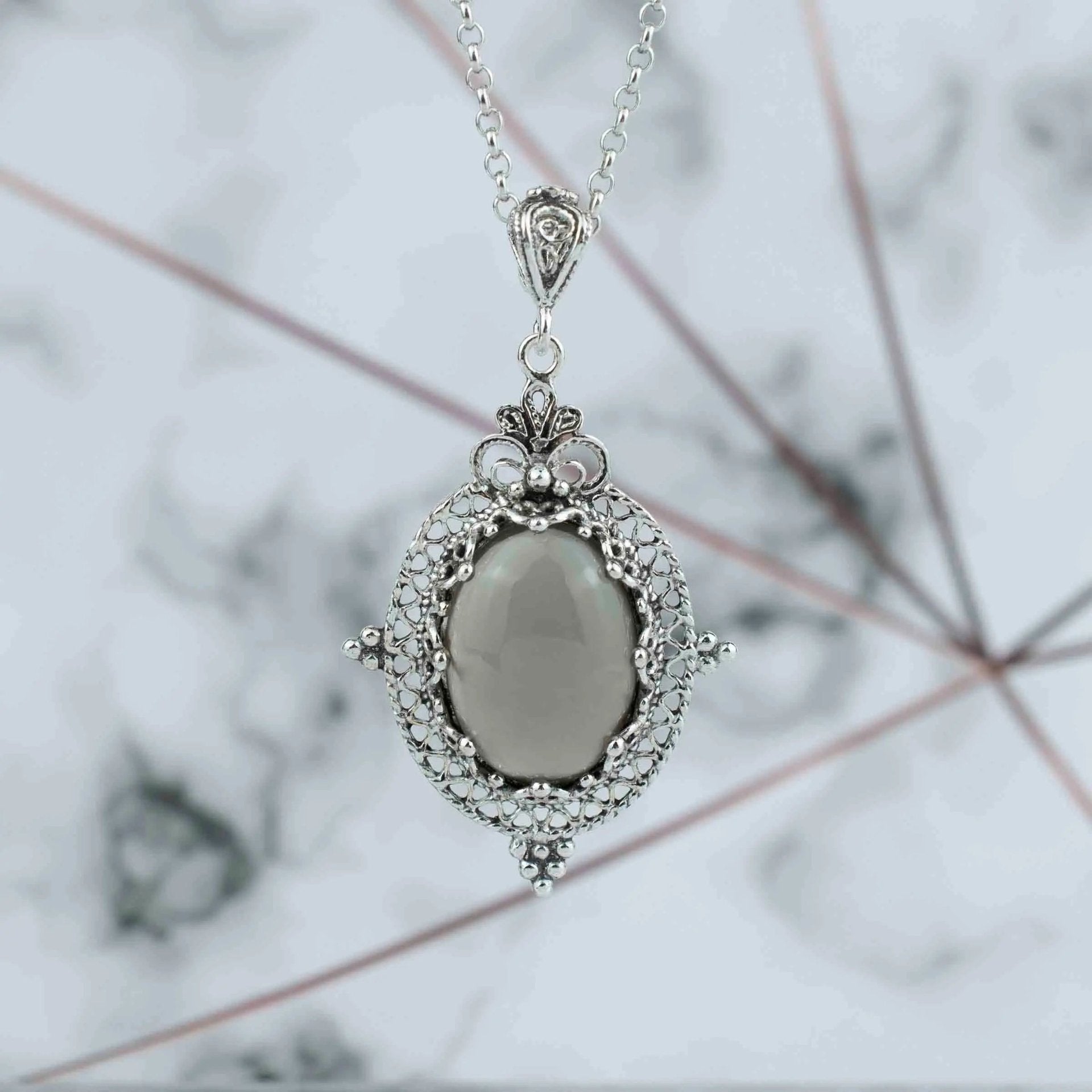 Filigree Art Gray Moonstone Gemstone Women Silver Oval Pendant Necklace - Drakoi Marketplace