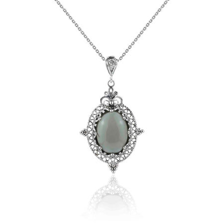 Filigree Art Gray Moonstone Gemstone Women Silver Oval Pendant Necklace - Drakoi Marketplace