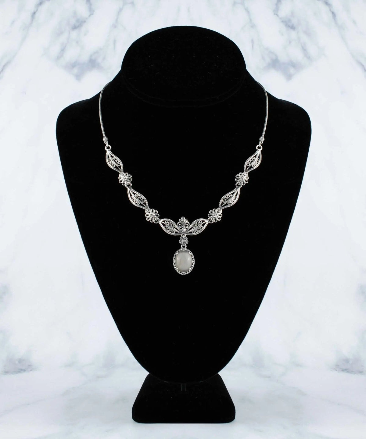 Filigree Art Gray Moonstone Gemstone Women Silver Princess Necklace - Drakoi Marketplace