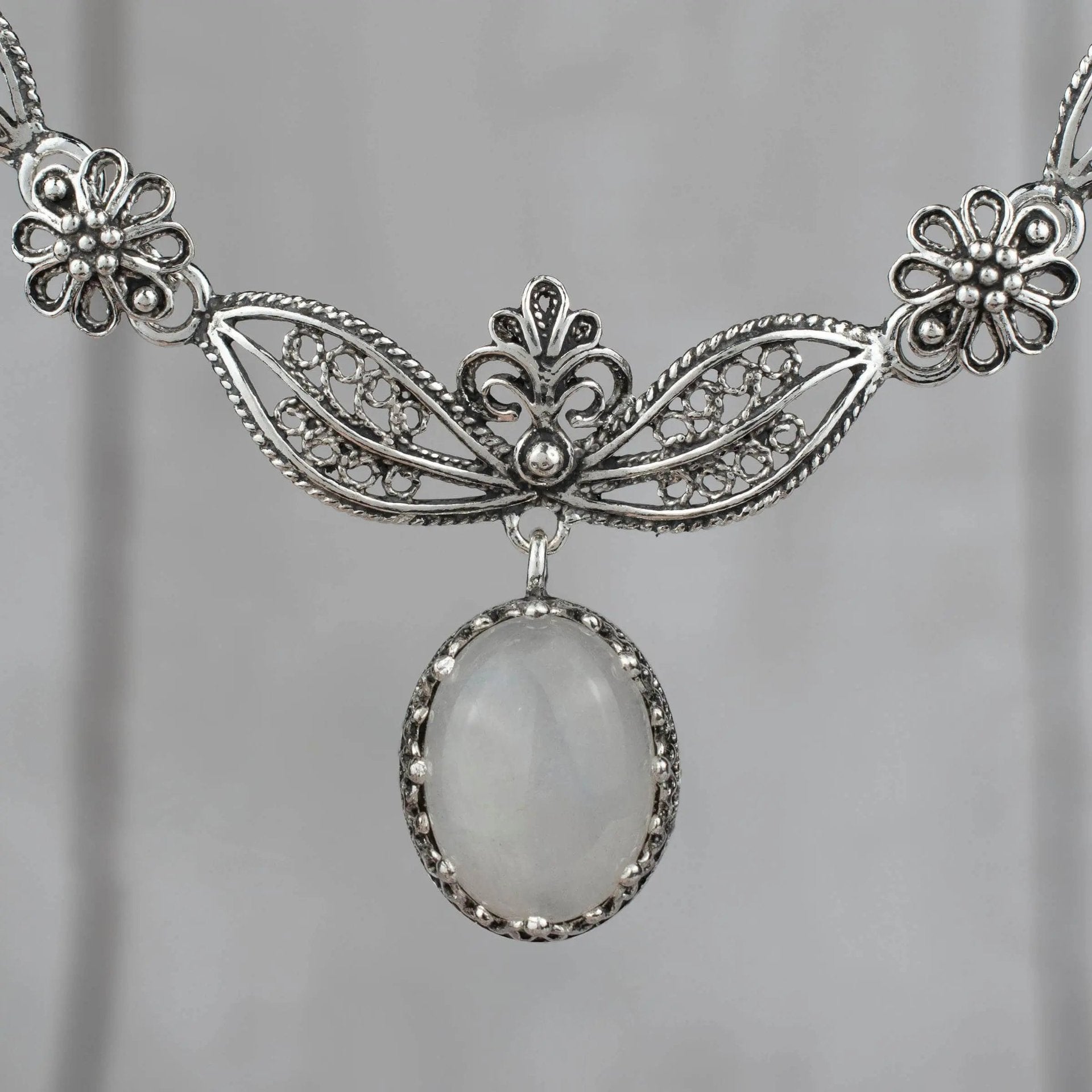 Filigree Art Gray Moonstone Gemstone Women Silver Princess Necklace - Drakoi Marketplace