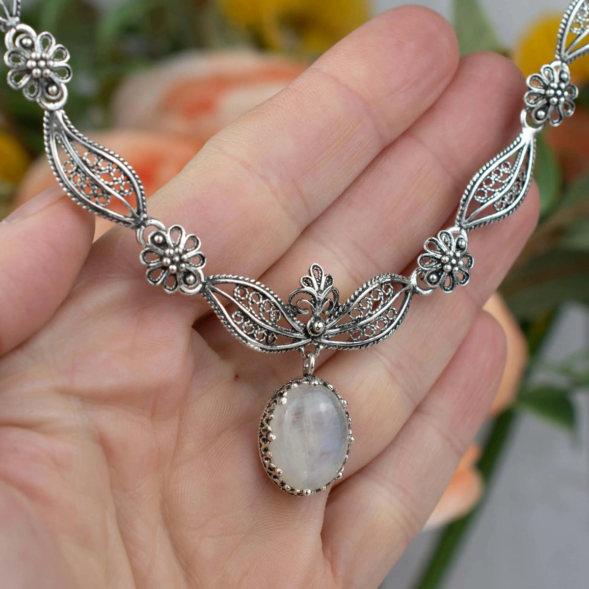 Filigree Art Gray Moonstone Gemstone Women Silver Princess Necklace - Drakoi Marketplace