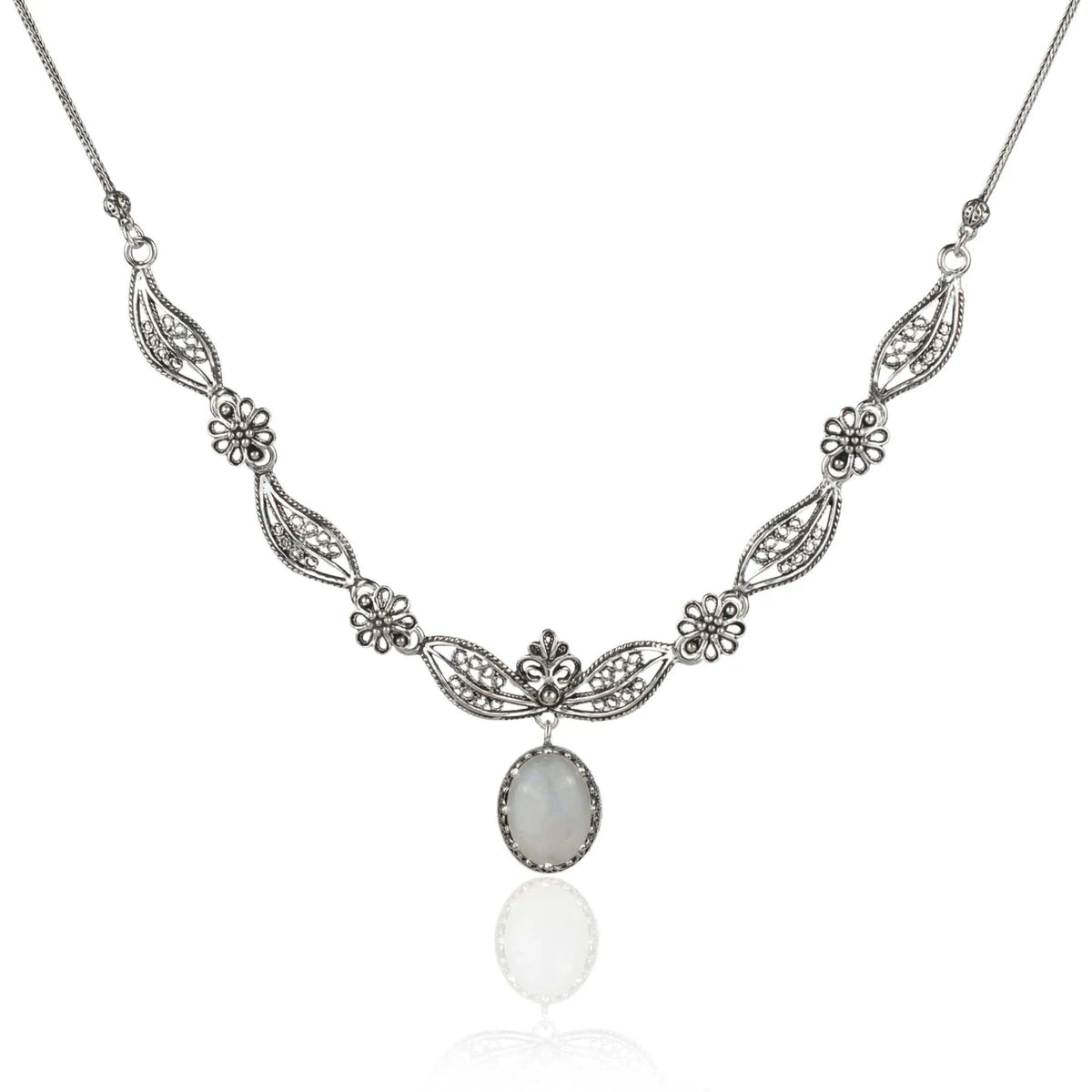 Filigree Art Gray Moonstone Gemstone Women Silver Princess Necklace - Drakoi Marketplace