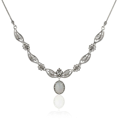 Filigree Art Gray Moonstone Gemstone Women Silver Princess Necklace - Drakoi Marketplace