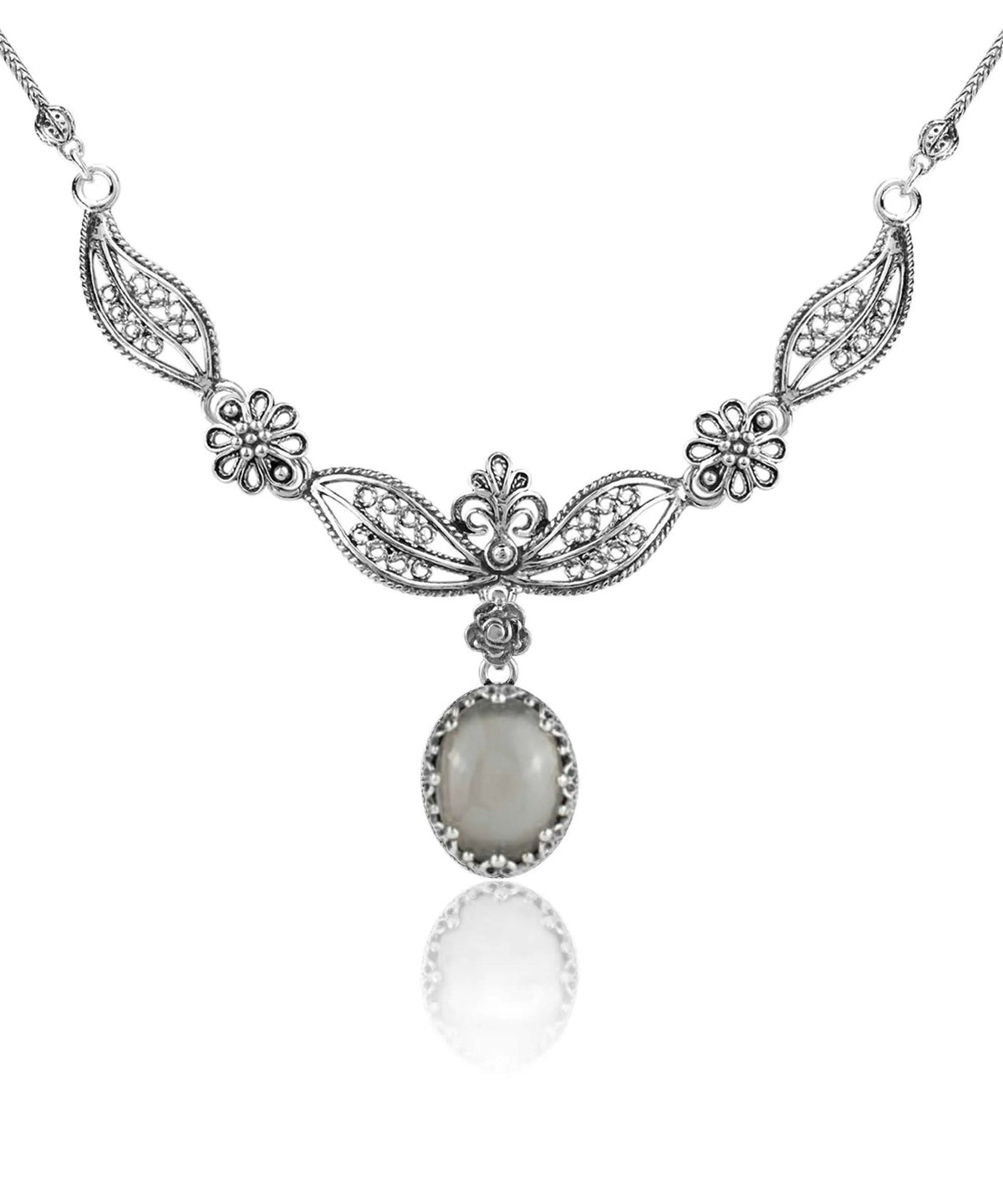 Filigree Art Gray Moonstone Gemstone Women Silver Princess Necklace - Drakoi Marketplace