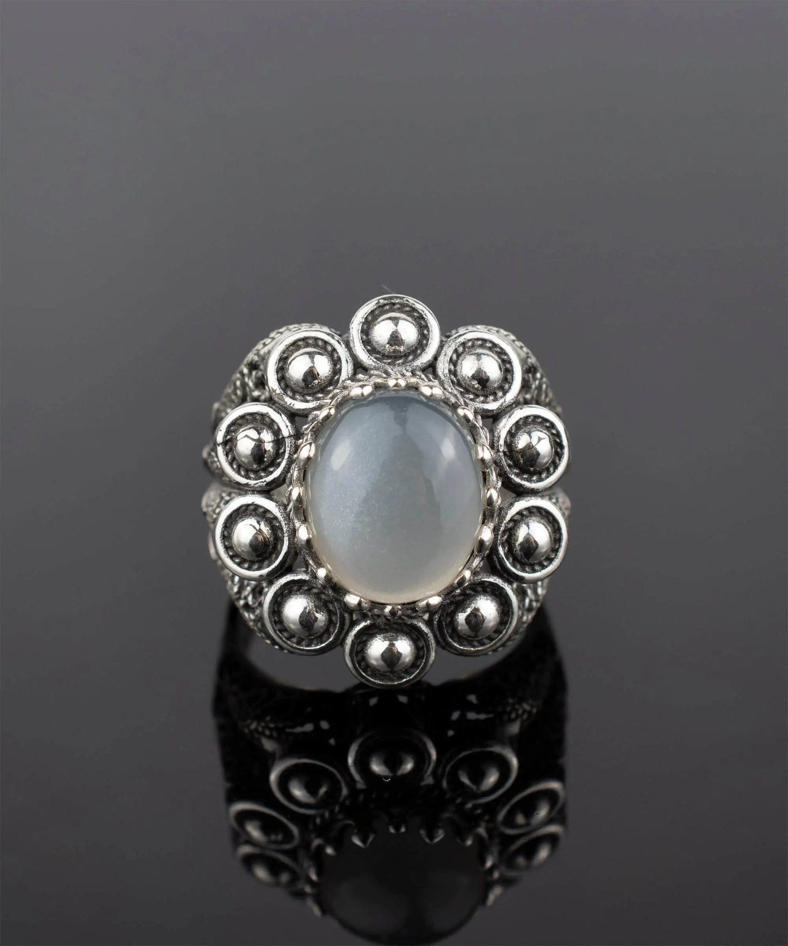 Filigree Art Gray Moonstone Gemstone Women Statement Dome Ring - Drakoi Marketplace