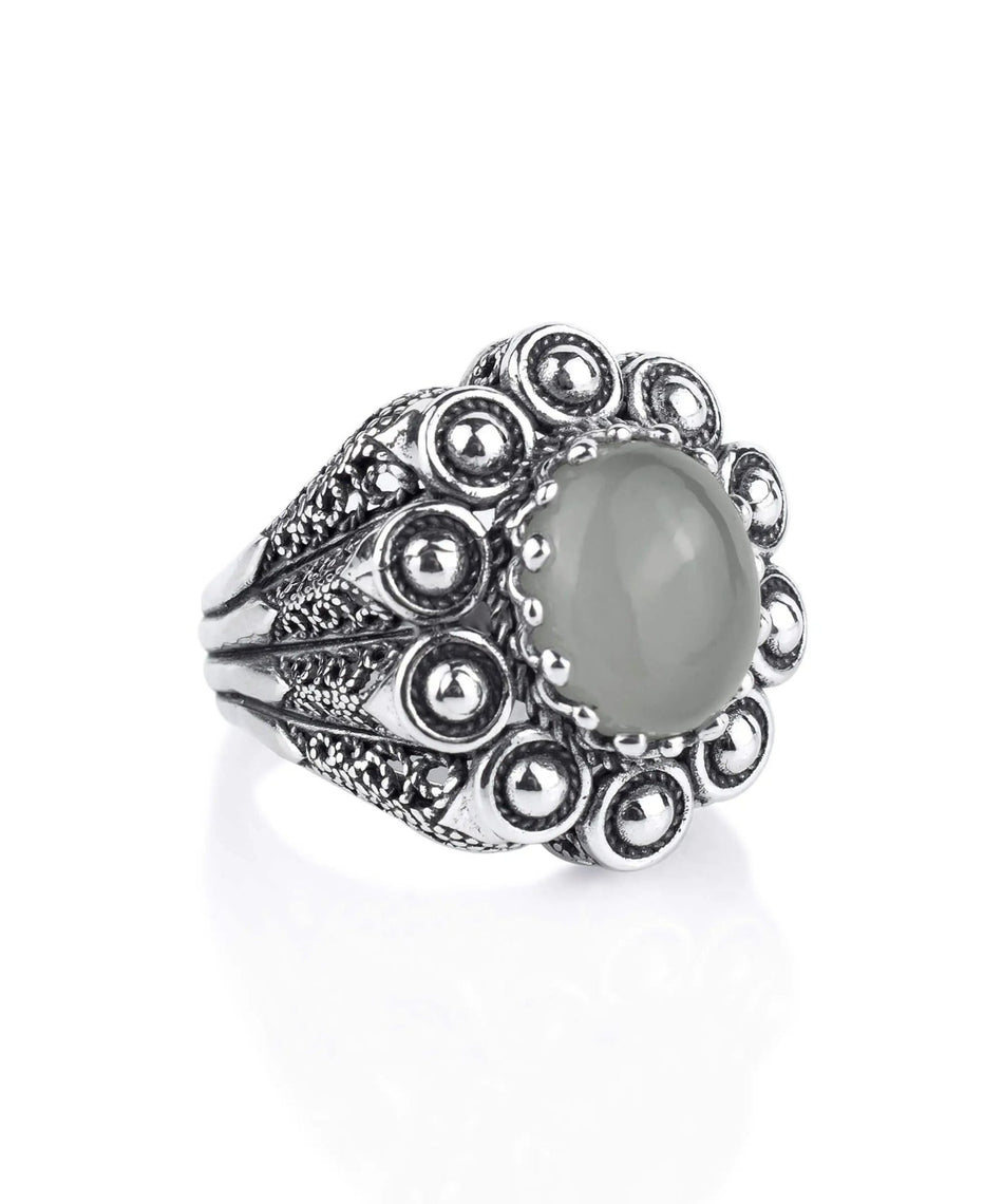 Filigree Art Gray Moonstone Gemstone Women Statement Dome Ring - Drakoi Marketplace