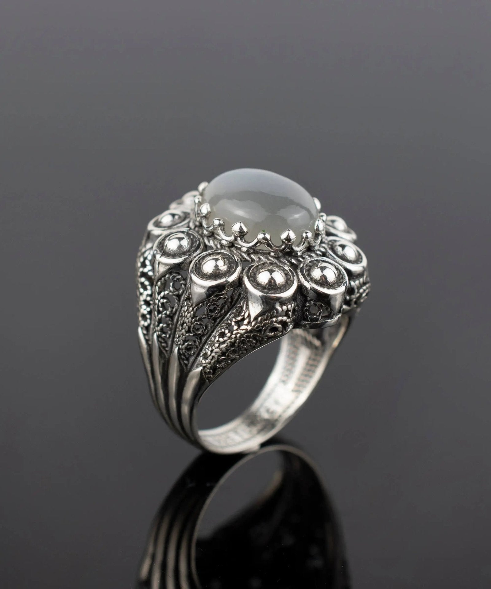 Filigree Art Gray Moonstone Gemstone Women Statement Dome Ring - Drakoi Marketplace