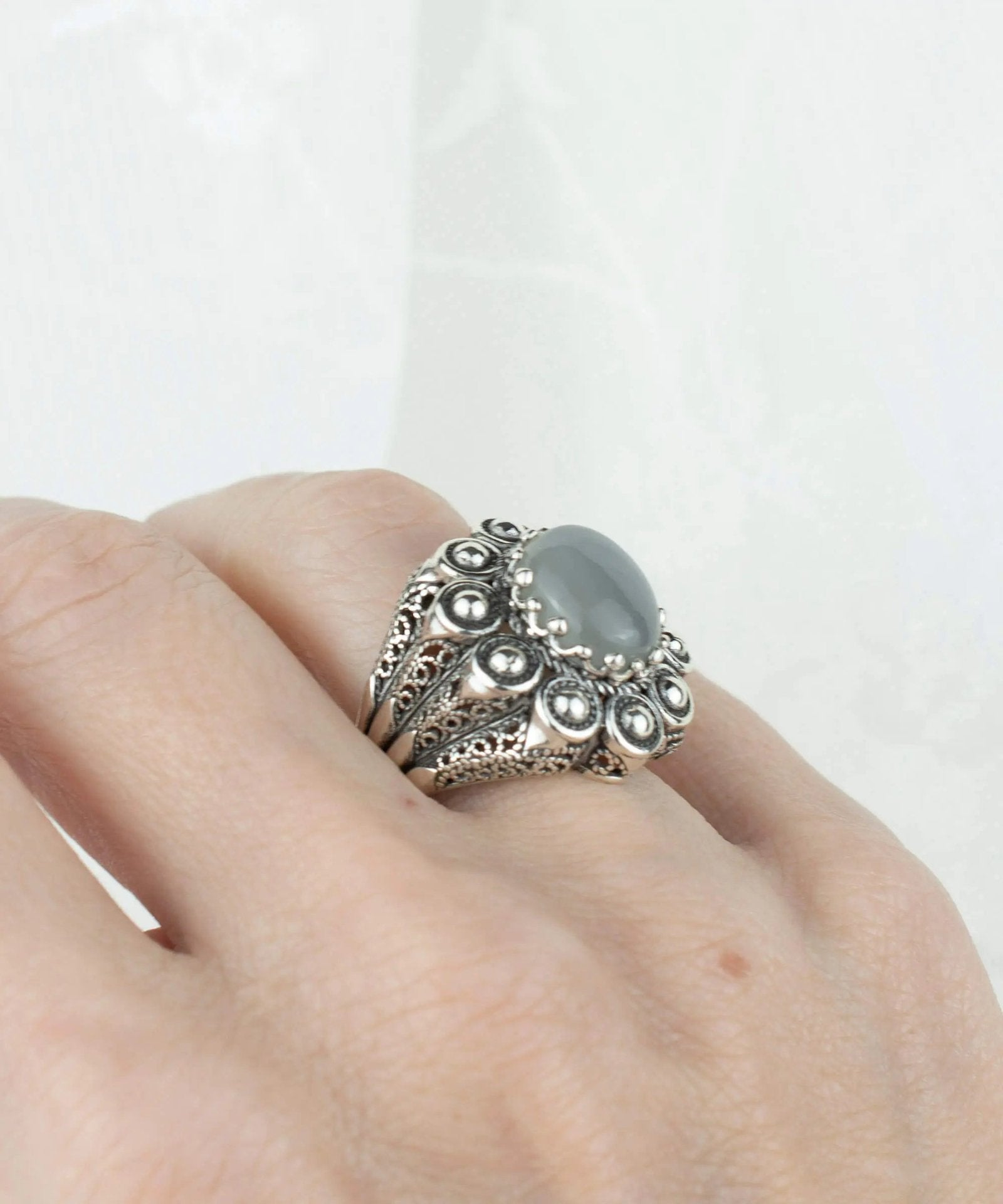 Filigree Art Gray Moonstone Gemstone Women Statement Dome Ring - Drakoi Marketplace