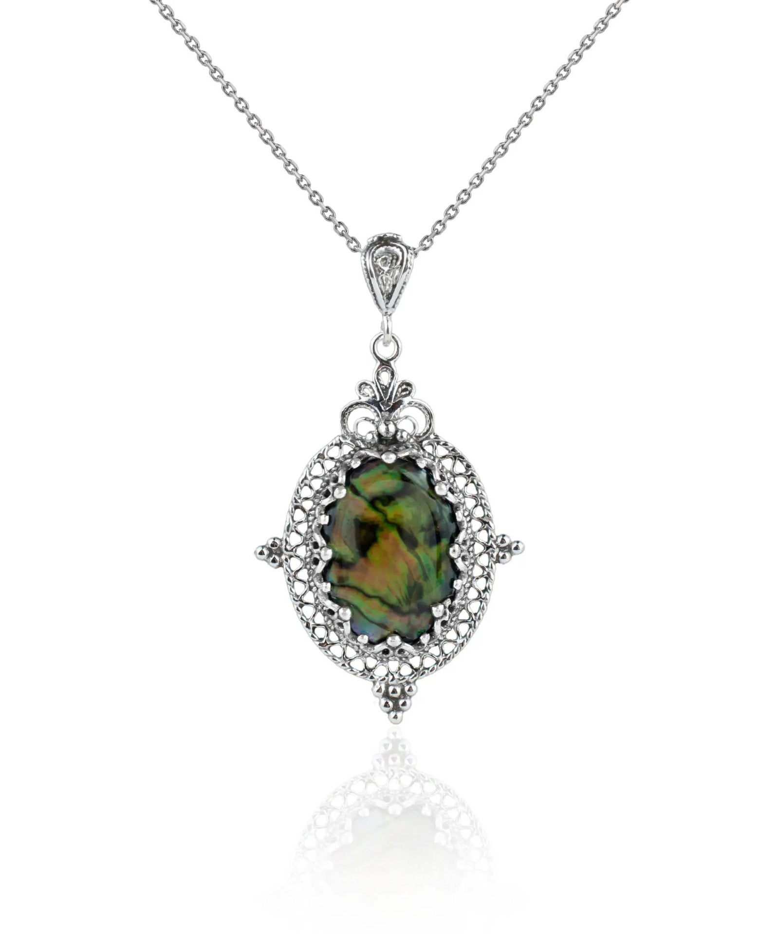 Filigree Art Green Abalone Gemstone Women Silver Oval Pendant Necklace - Drakoi Marketplace